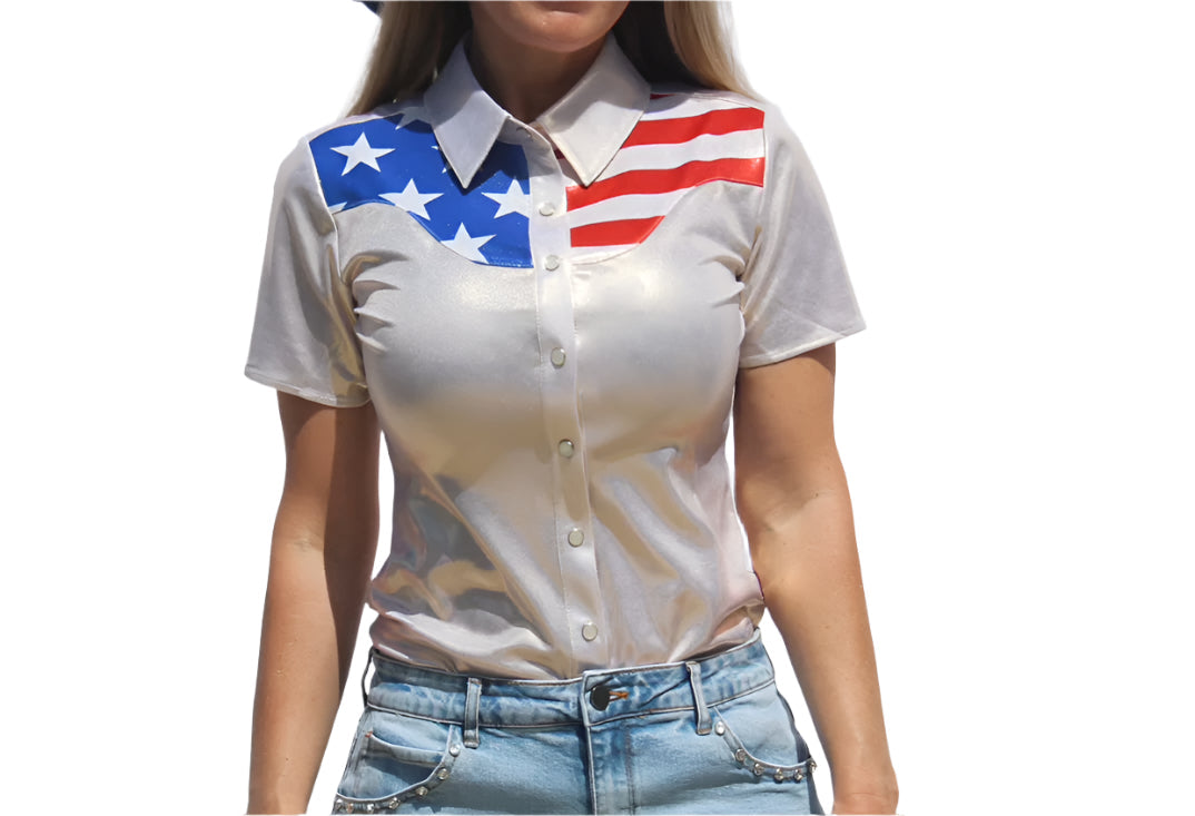Girls Patriot Pearl Snap Jackpot Rodeo Shirt