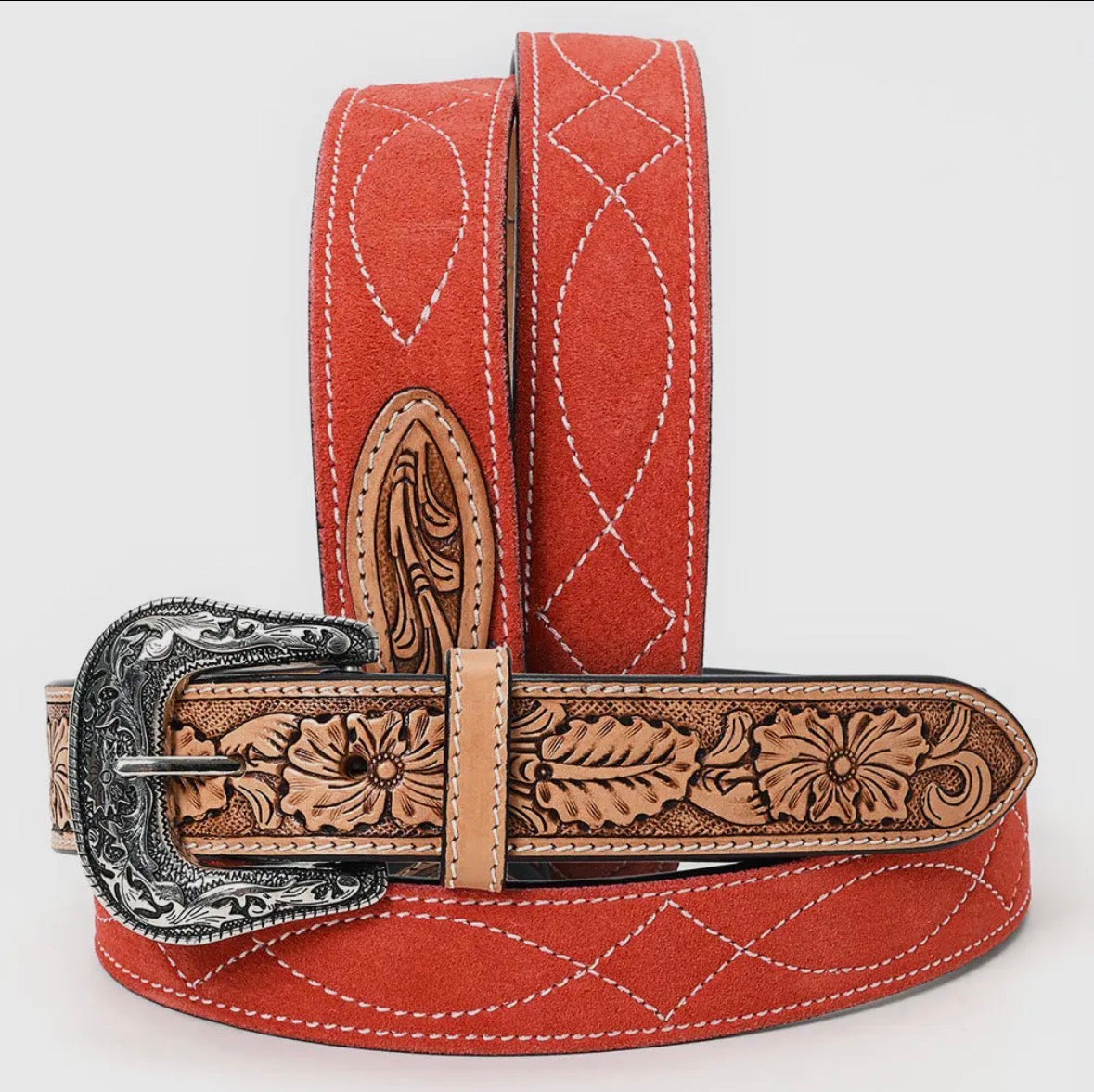 Western Stitch Genuine Suede & Hand Tooled Leather Belt -Red