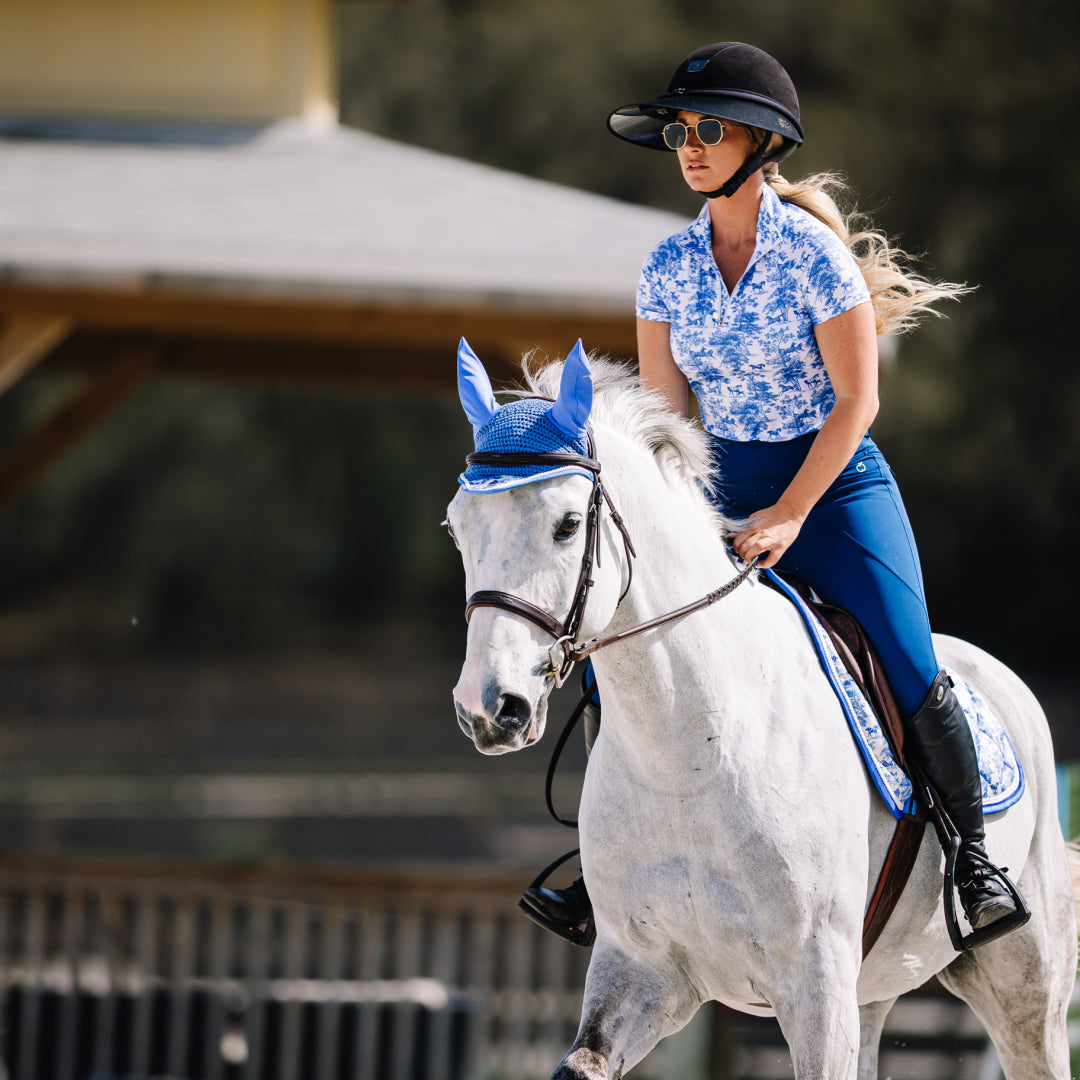Dapplebay Equestrian Toile 1/4 Zip Light Riding Top - Short Sleeve-Blue/White