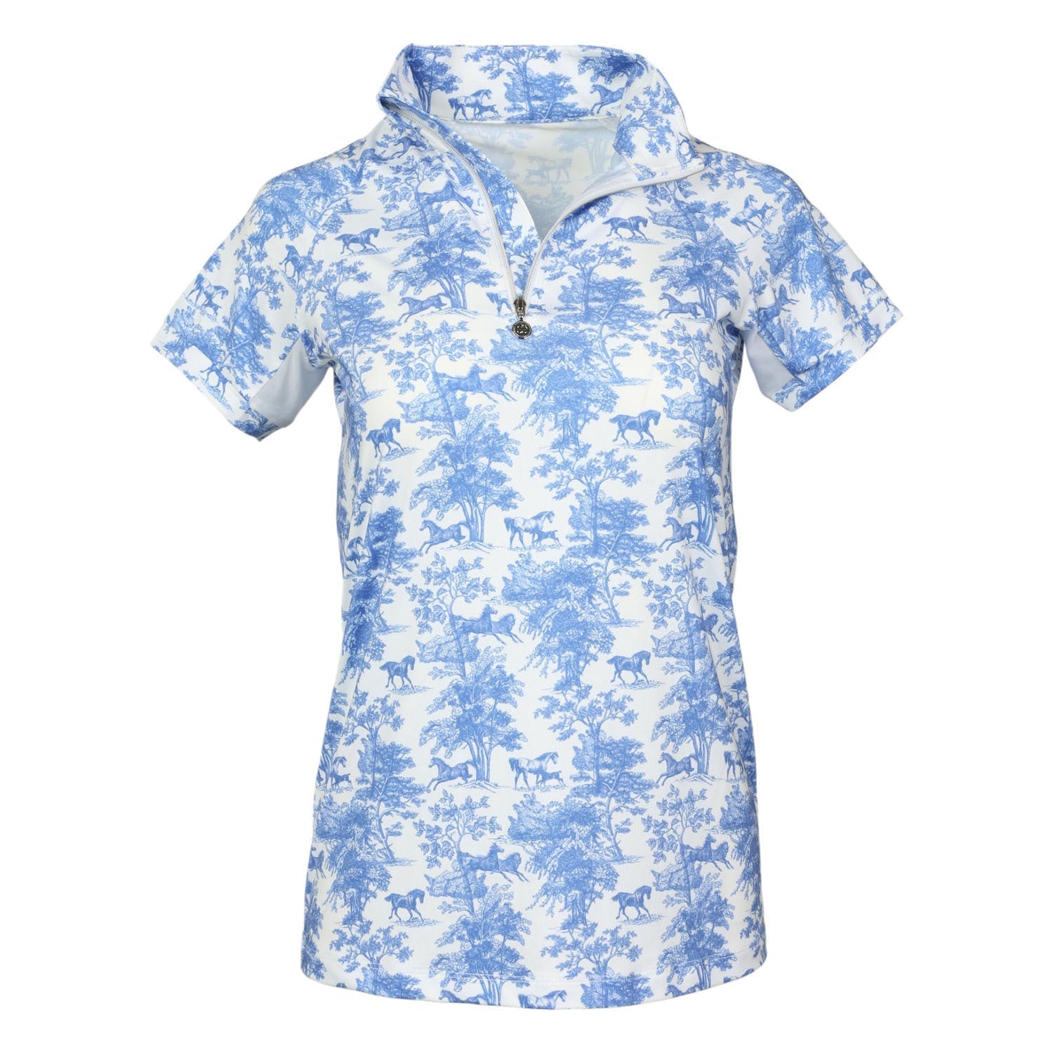 Dapplebay Equestrian Toile 1/4 Zip Light Riding Top - Short Sleeve-Blue/White