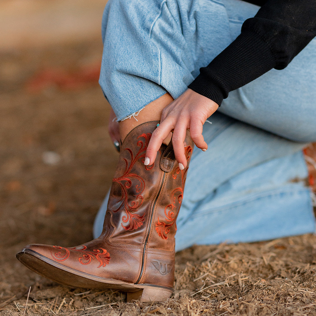 TuffRider Women Signa Floral Embroidered Leather Square Toe Western Boots