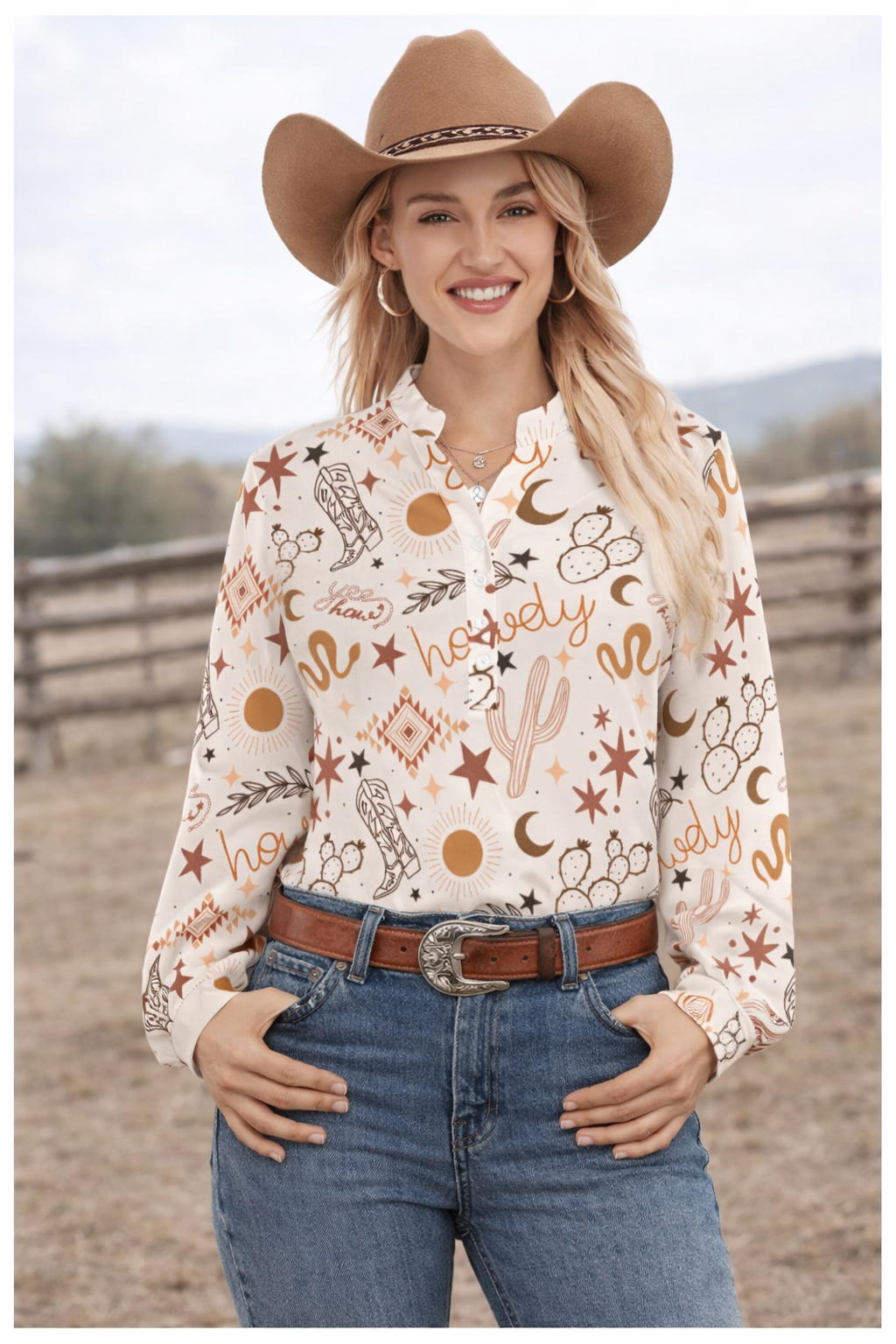 Yeehaw Howdy Quarter Button Long Sleeve Blouse