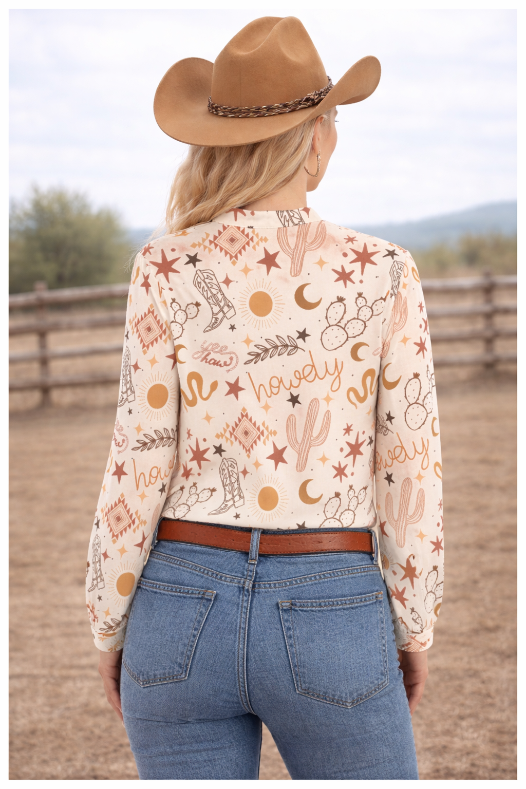 Yeehaw Howdy Quarter Button Long Sleeve Blouse