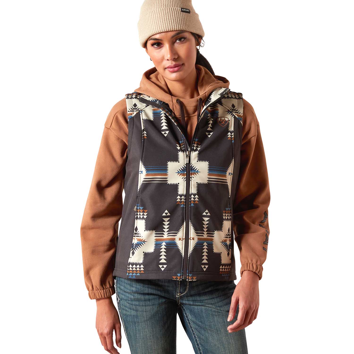 Ariat Women Logo Softshell Western Print Vest – Durable Outdoor Layer with Zip Pockets