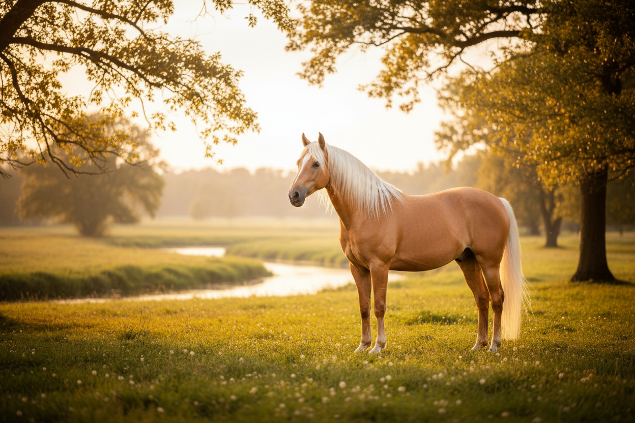 Well-groomed horse in nature with soft gold and white tones